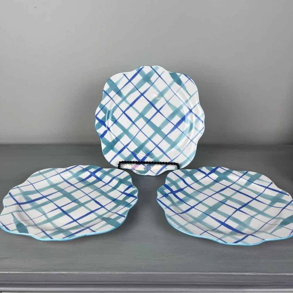 3 Bonjour ANTHROPOLOGIE HILDE Plaid White Blue Scallop Dinner Plate Cottagecore